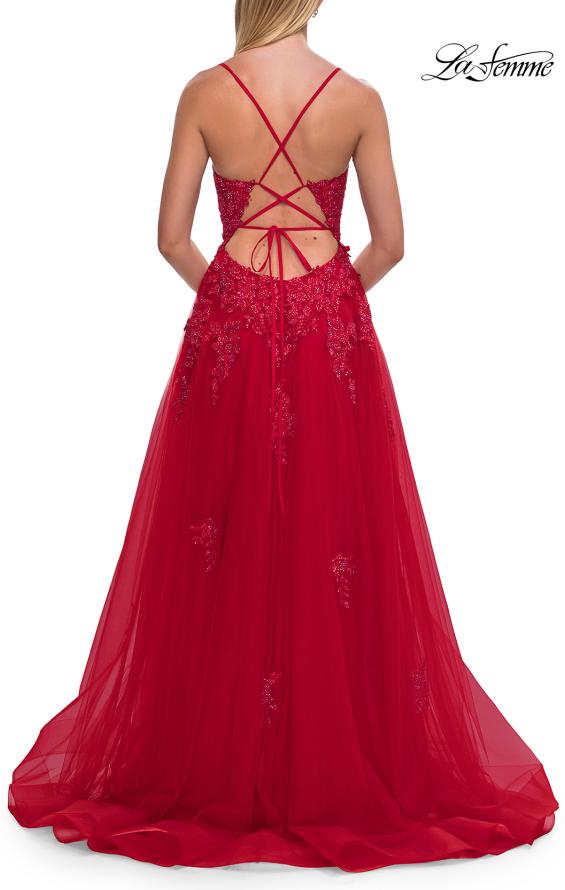 La Femme 33716 - Floral Beaded Lace-Up Back Gown with Slit Prom Dresses
