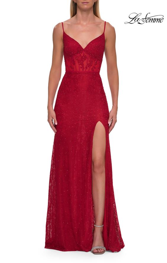 La Femme 33442 - Scoop Back Lace Sheath Gown
