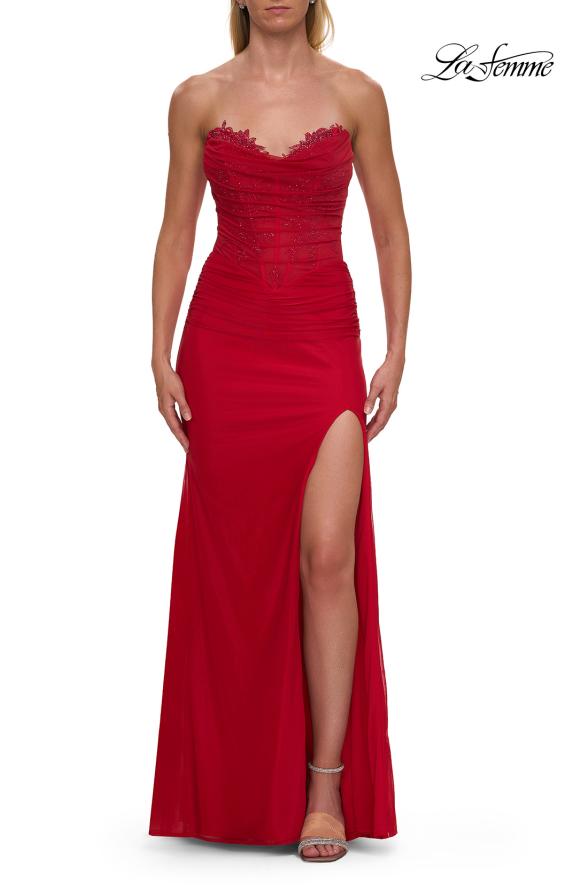 La Femme 33465 - Strapless Ruched Gown with Lace Detail