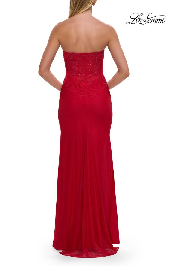 La Femme 33465 - Strapless Ruched Gown with Lace Detail