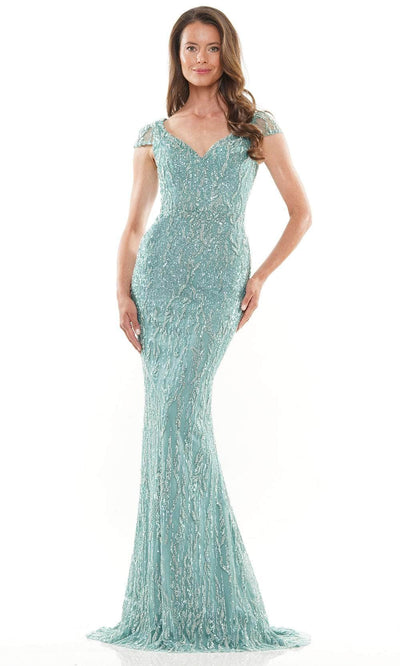 Rina di Montella RD2978 - V-Neck Beaded Mesh Formal Gown Special Occasion Dresses Dresses 4 / Sage Green