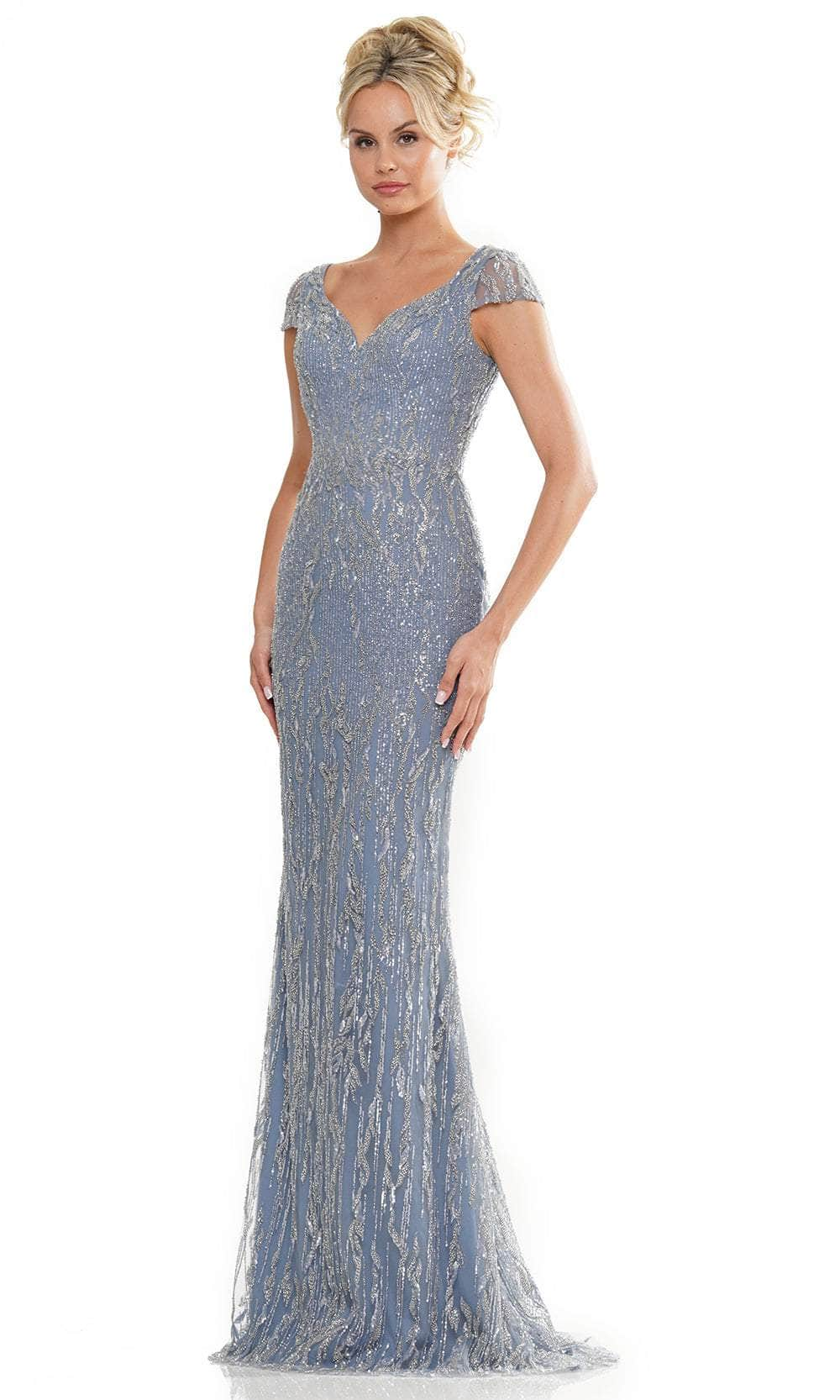 Rina di Montella RD2978 - V-Neck Beaded Mesh Formal Gown Special Occasion Dresses Dresses 4 / Slate Blue