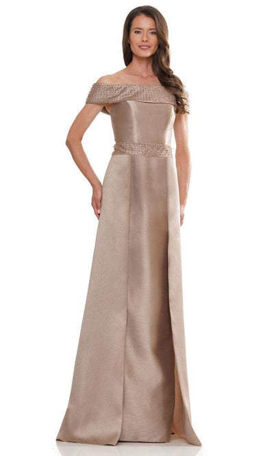 Rina di Montella RD2979 - Rhinestone Accented Off-Shoulder Long Gown Mother of the Bride Dresses 4 / Taupe