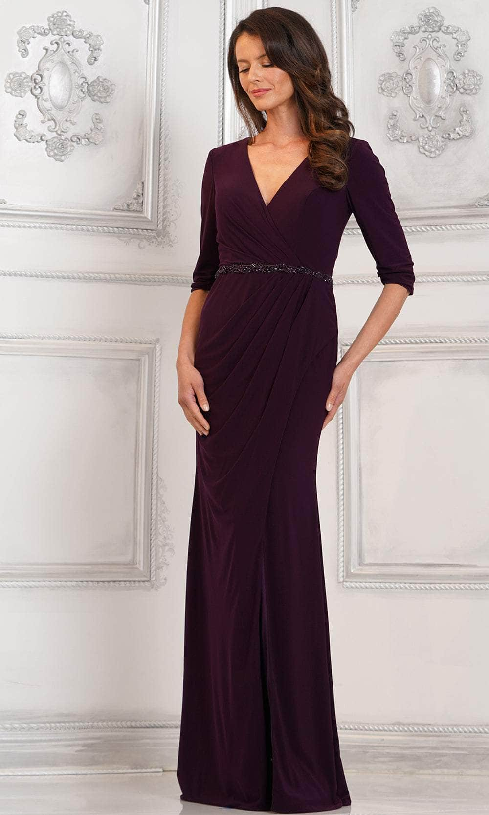 Rina di Montella RD3109 - Quarter Sleeve V-Neck Evening Dress Special Occasion Dresses Dresses 6 / Aubergine