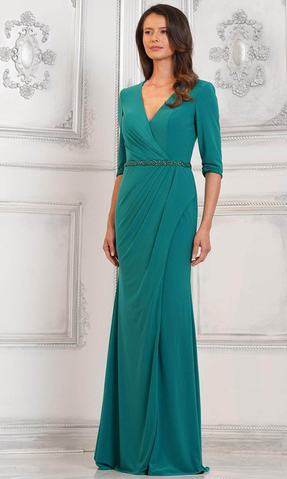 Rina di Montella RD3109 - Quarter Sleeve V-Neck Evening Dress Special Occasion Dresses Dresses 6 / Emerald