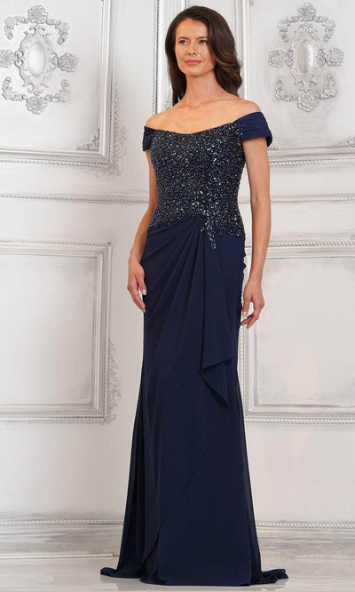 Rina di Montella RD3128 - Off Shoulder Draped Formal Gown Special Occasion Dresses Dresses 4 / Navy