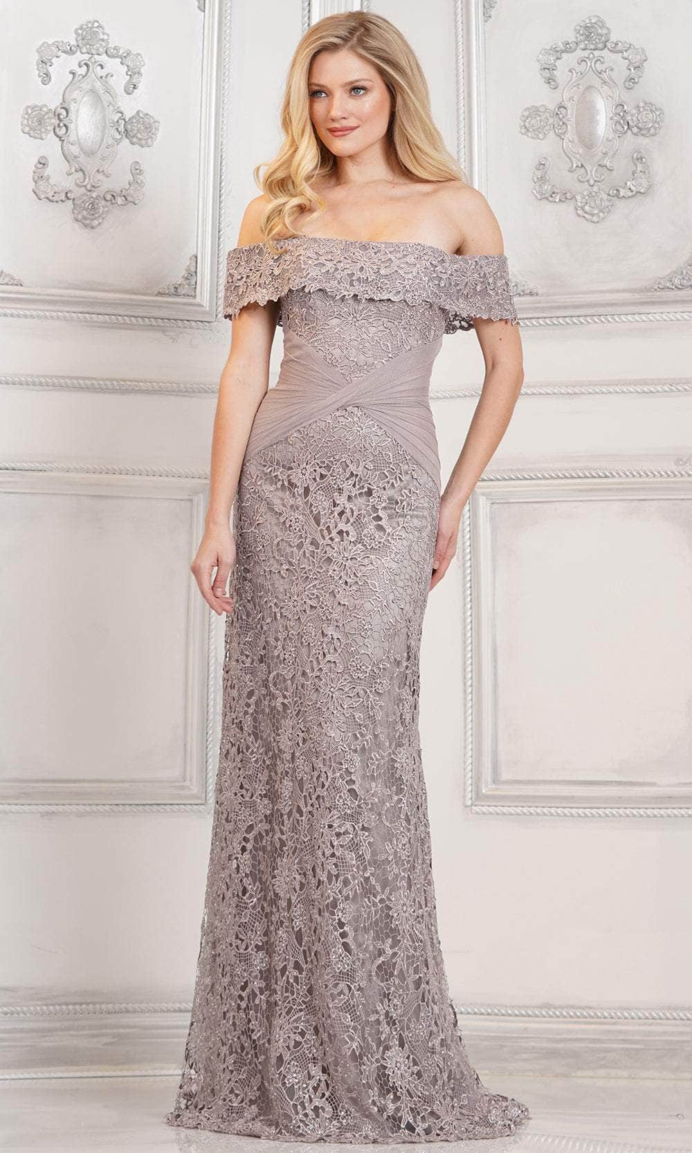 Rina di Montella RD3129 - Ruched Waist Lace Formal Gown Special Occasion Dresses Dresses 6 / Silver
