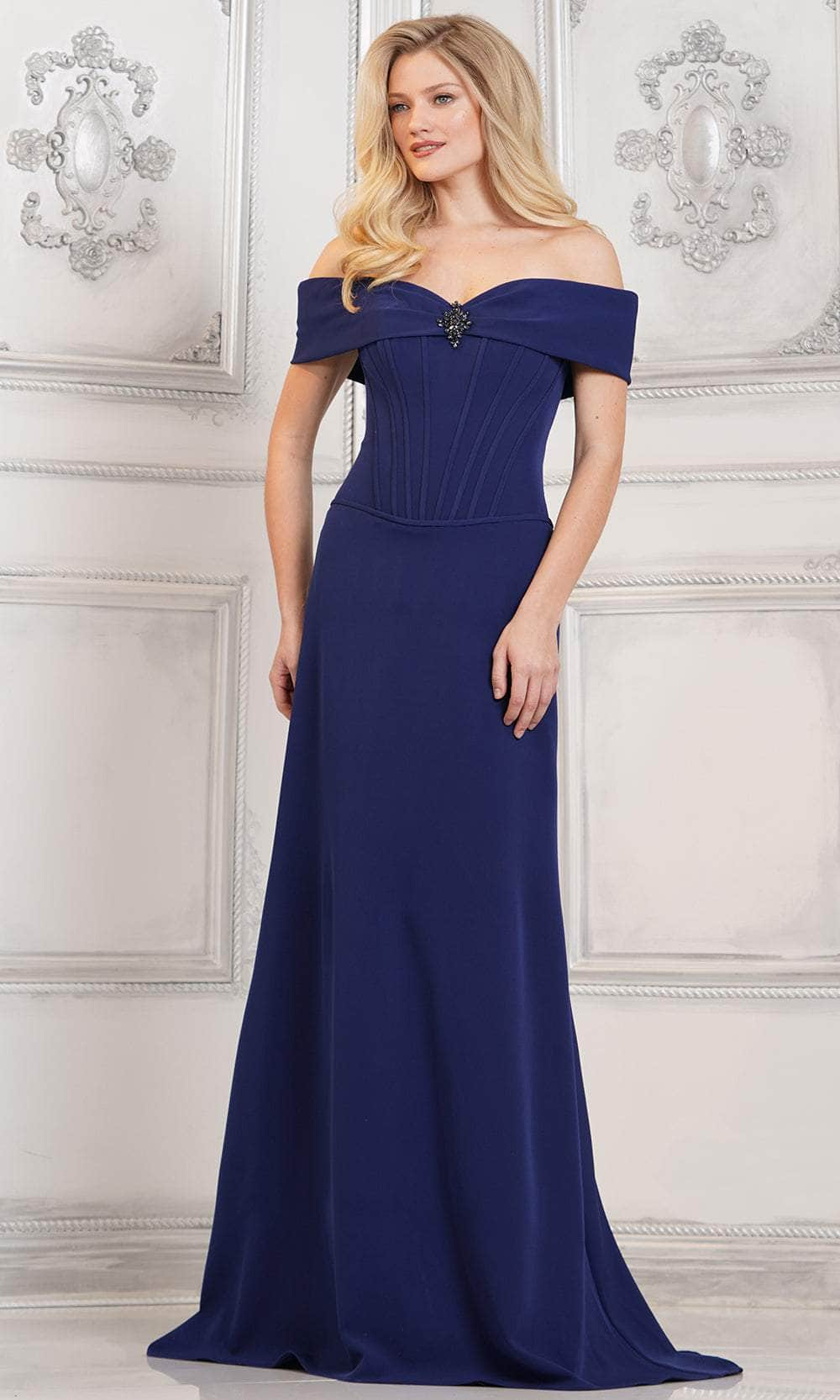 Rina di Montella RD3131 - Brooch Embellished Evening Gown Special Occasion Dresses Dresses 22 / Deep Royal