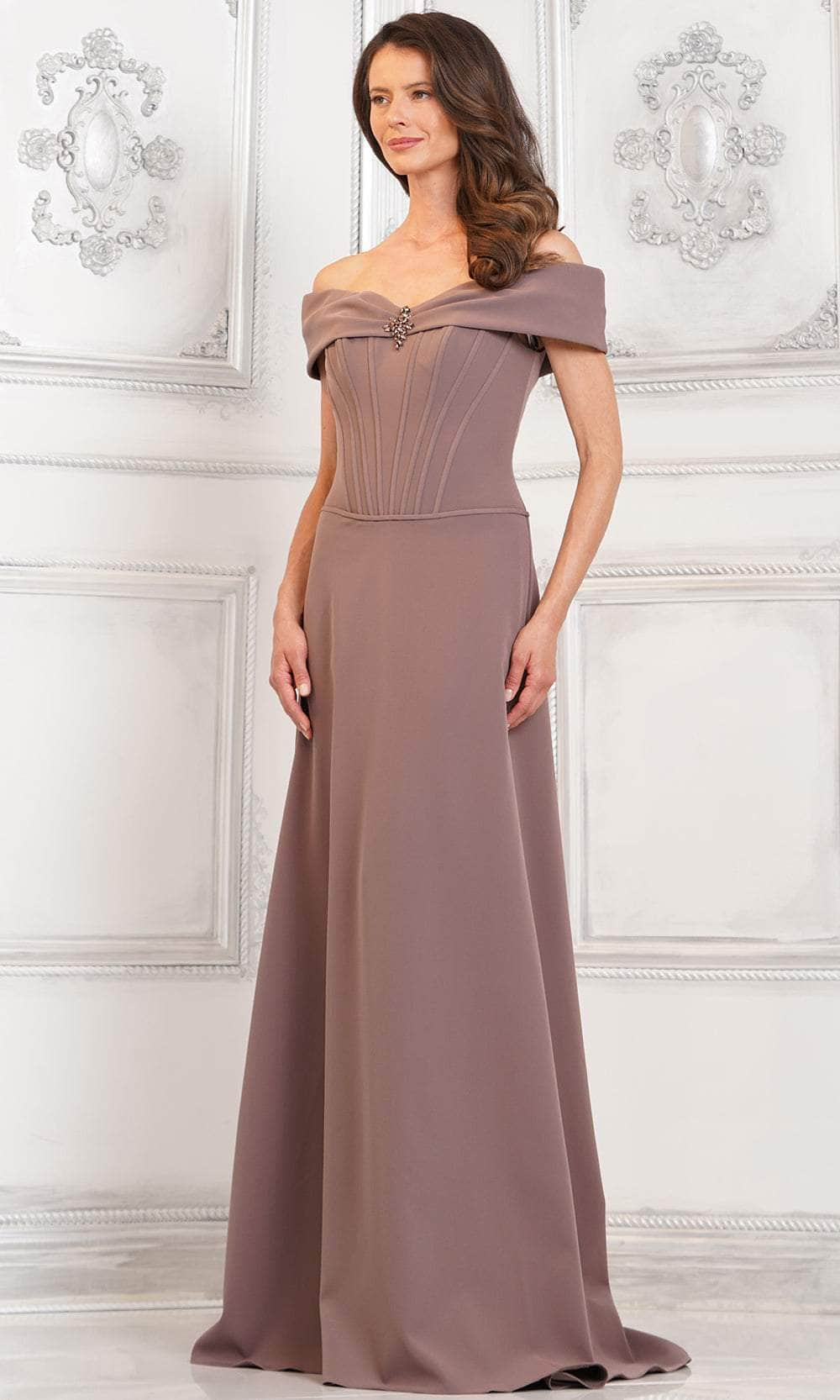 Rina di Montella RD3131 - Brooch Embellished Evening Gown Special Occasion Dresses Dresses 4 / Latte