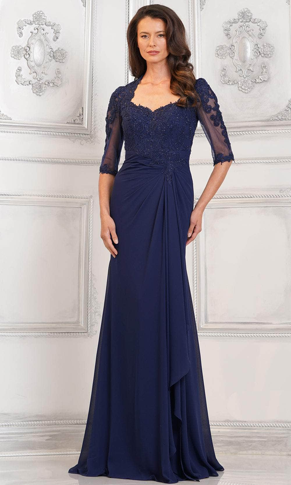 Rina di Montella RD3132 - Beaded Lace Sheath Formal Gown Special Occasion Dresses Dresses 4 / Navy