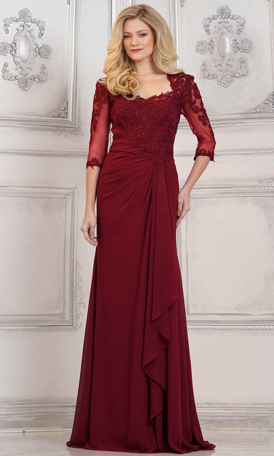 Rina di Montella RD3132 - Beaded Lace Sheath Formal Gown Special Occasion Dresses Dresses 4 / Wine