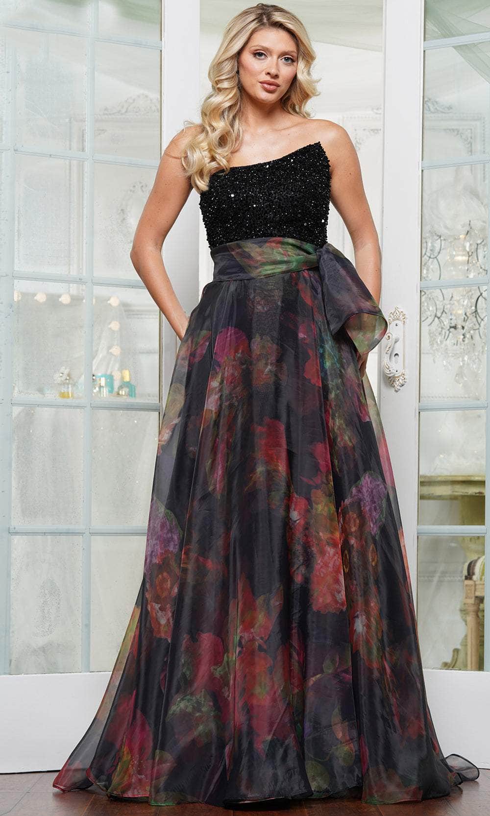 Rina di Montella RD3213-1 - Printed Organza Asymmetric Gown Formal Gowns
