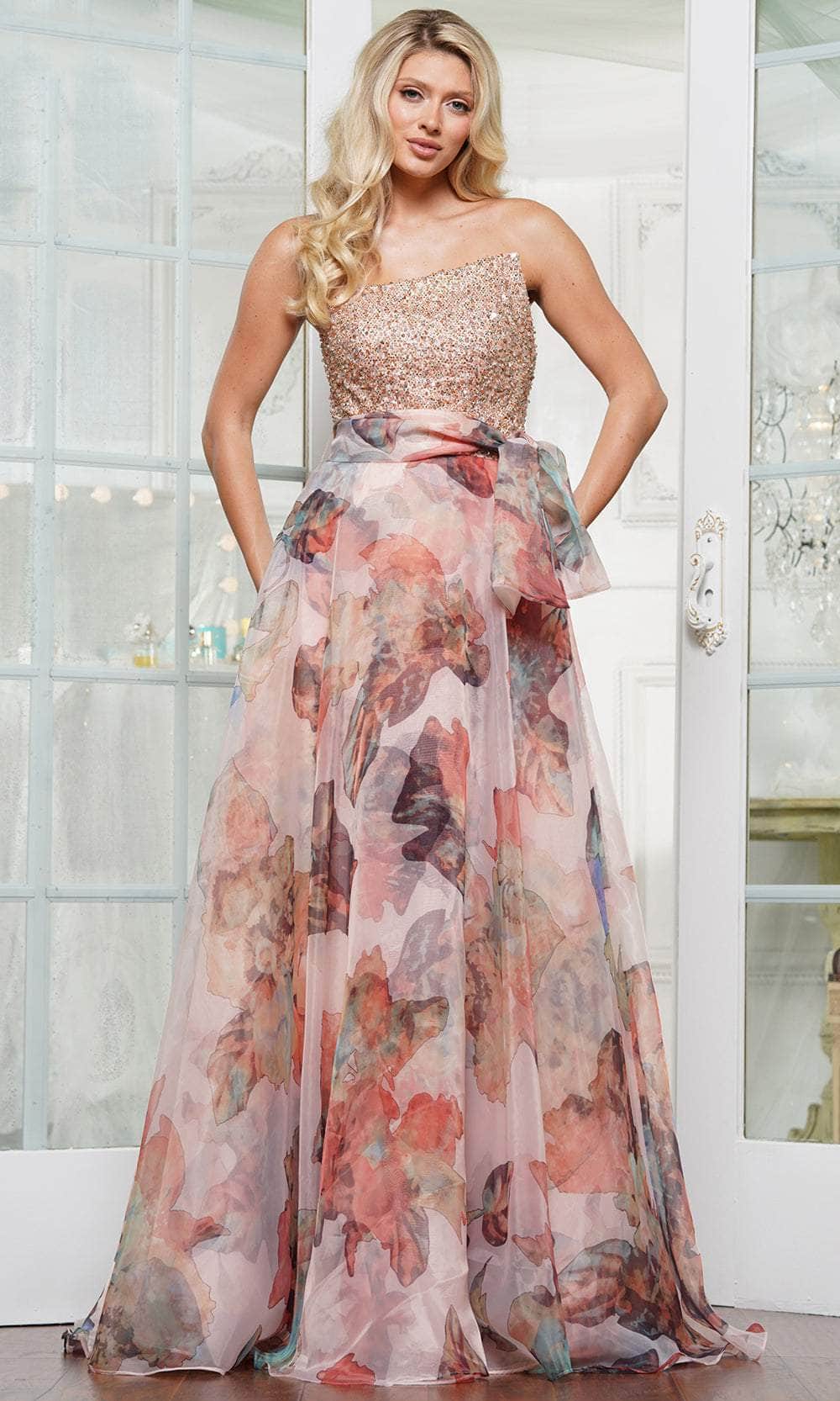 Rina di Montella RD3213-1 - Printed Organza Asymmetric Gown Formal Gowns