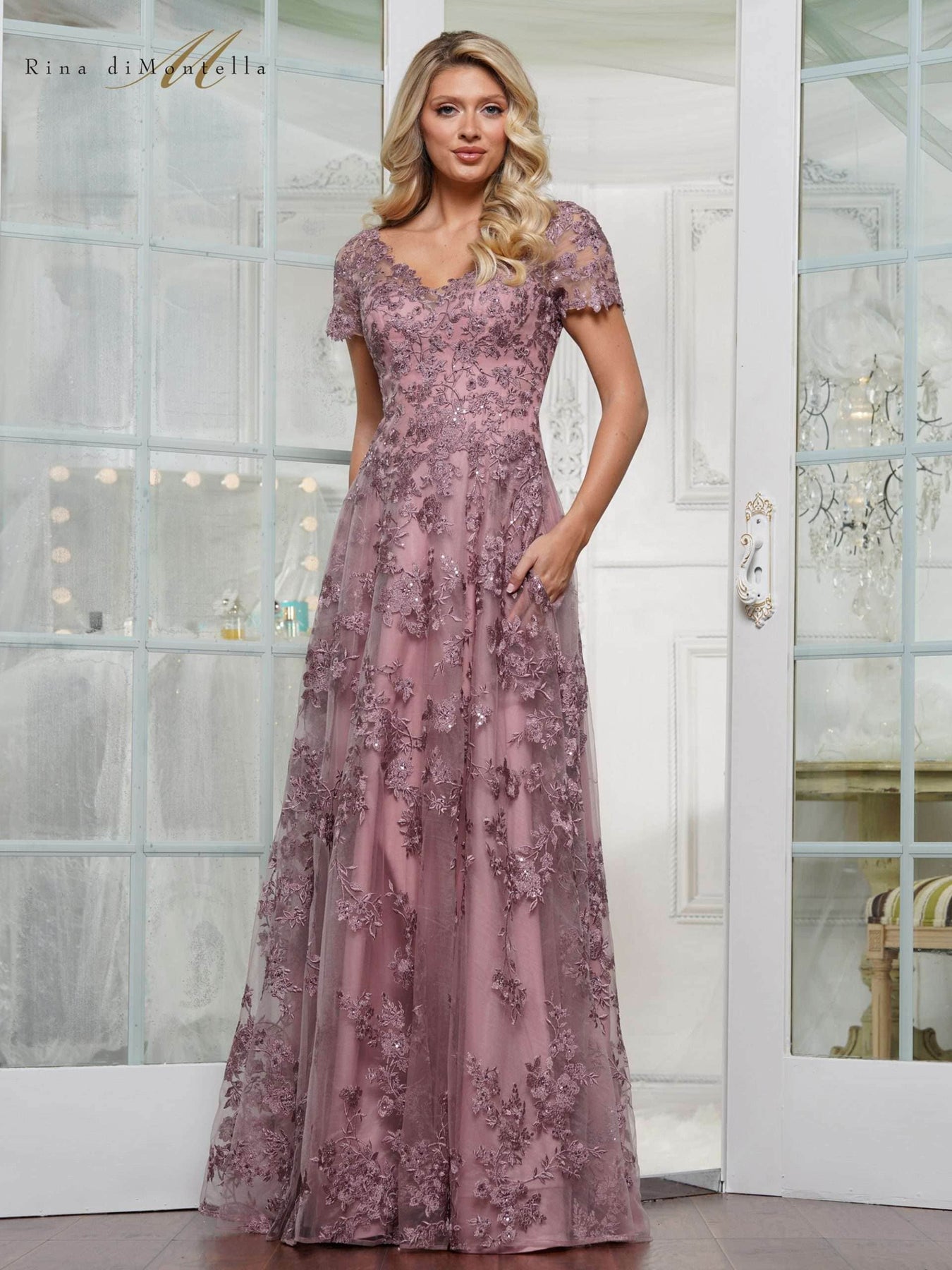 Rina Di Montella RD3248 - Long Embroidered Mesh A-line Dress - Short Sleeves, Beaded, Embroidery, Pockets, Illusion Back, Buttons Closure ADASA Rina Di Montella RD3248 - Long Embroidered Mesh A-line Dress - Short Sleeves, Beaded, Embroidery, Pockets, Illusion Back, Buttons Closure ADASA