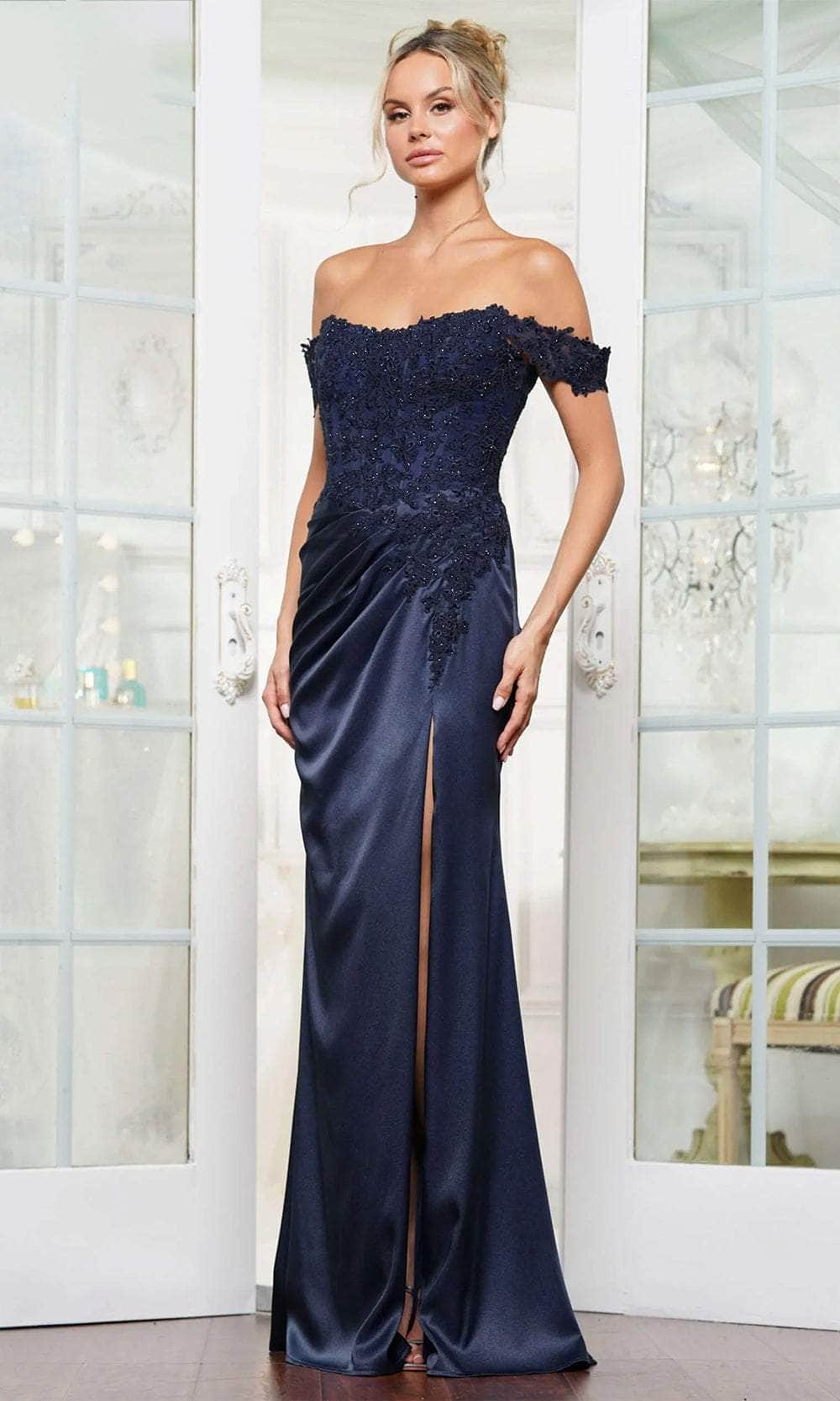 Rina Di Montella RD3251 - Embroidered Off Shoulder Evening Dress Mother of the Bride Dresses 6 / Navy
