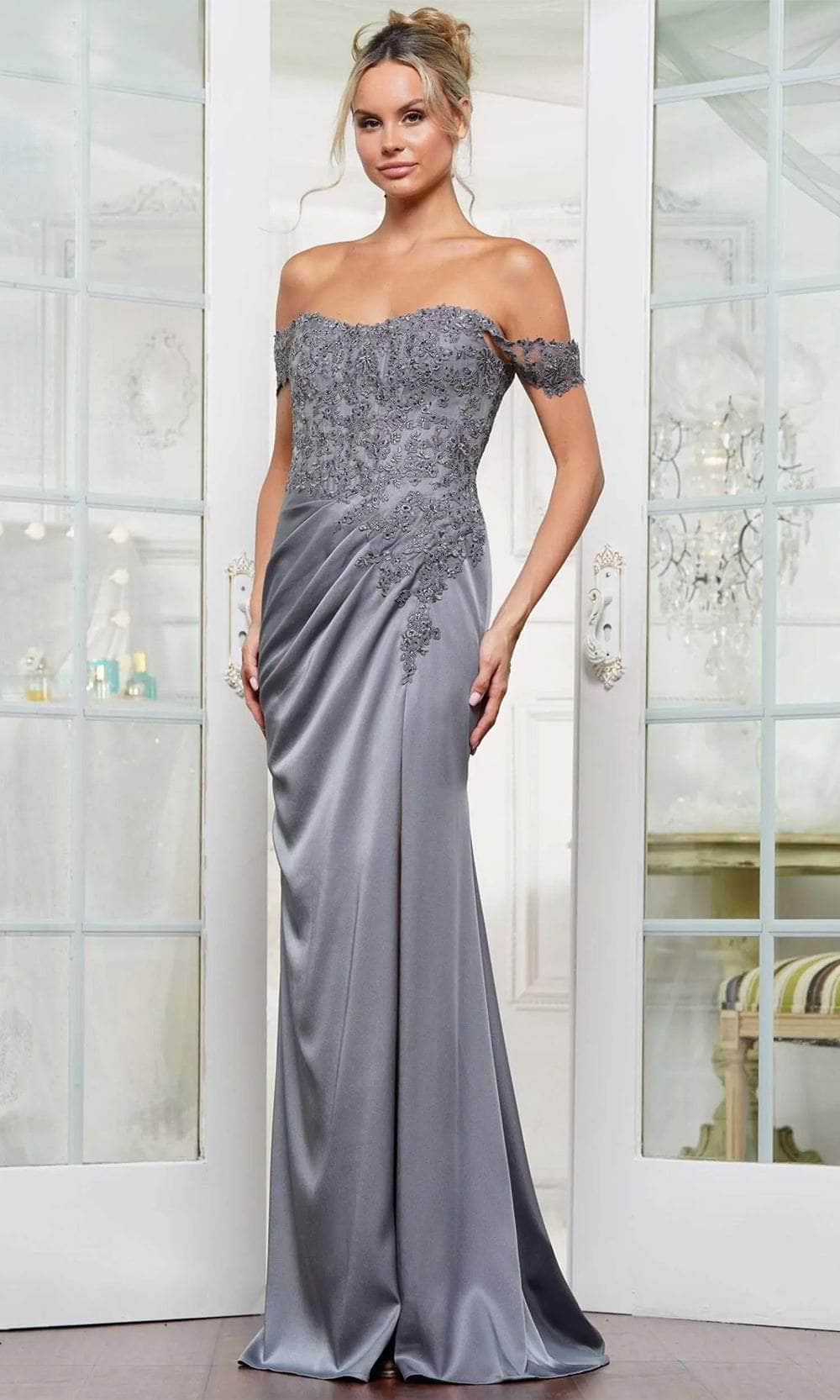 Rina Di Montella RD3251 - Embroidered Off Shoulder Evening Dress Mother of the Bride Dresses 6 / Slate