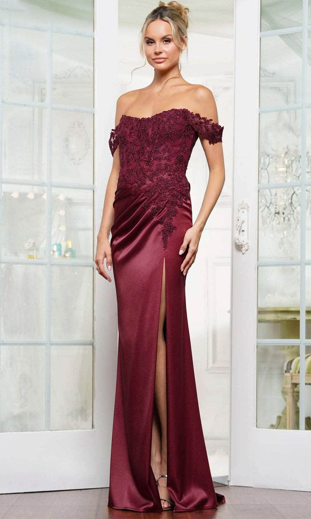 Rina Di Montella RD3251 - Embroidered Off Shoulder Evening Dress Mother of the Bride Dresses 6 / Wine