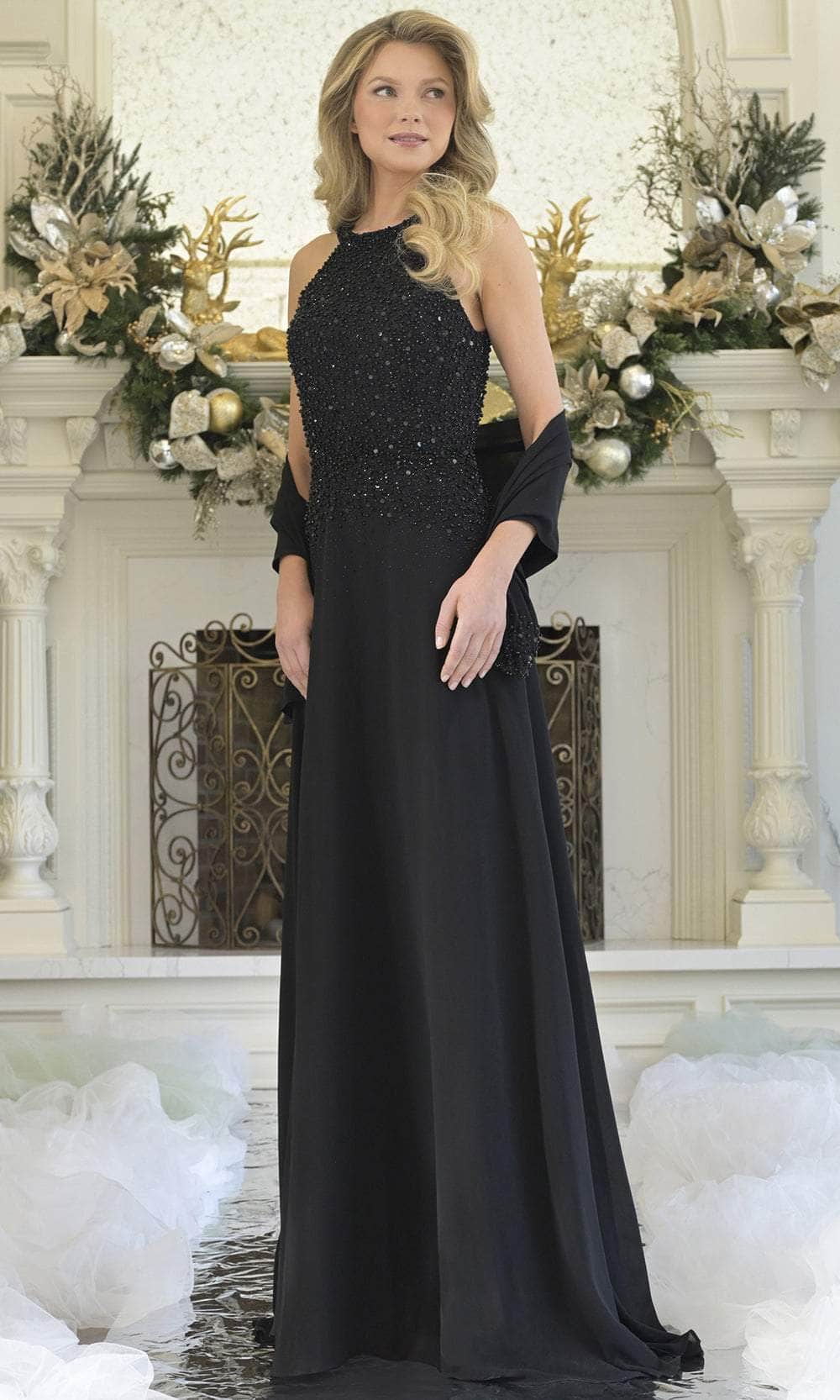 Rina Di Montella RD3304 - Long Chiffon A-line Dress - Beaded Bodice, Sleeveless, Racerback, Matching Shawl 14 / Black Rina Di Montella RD3304 - Long Chiffon A-line Dress - Beaded Bodice, Sleeveless, Racerback, Matching Shawl 14 / Black
