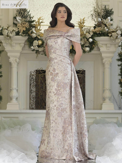 Rina Di Montella RD3306 - Floral Sheath Gown with Side Draped Mother of the Bride Dresses