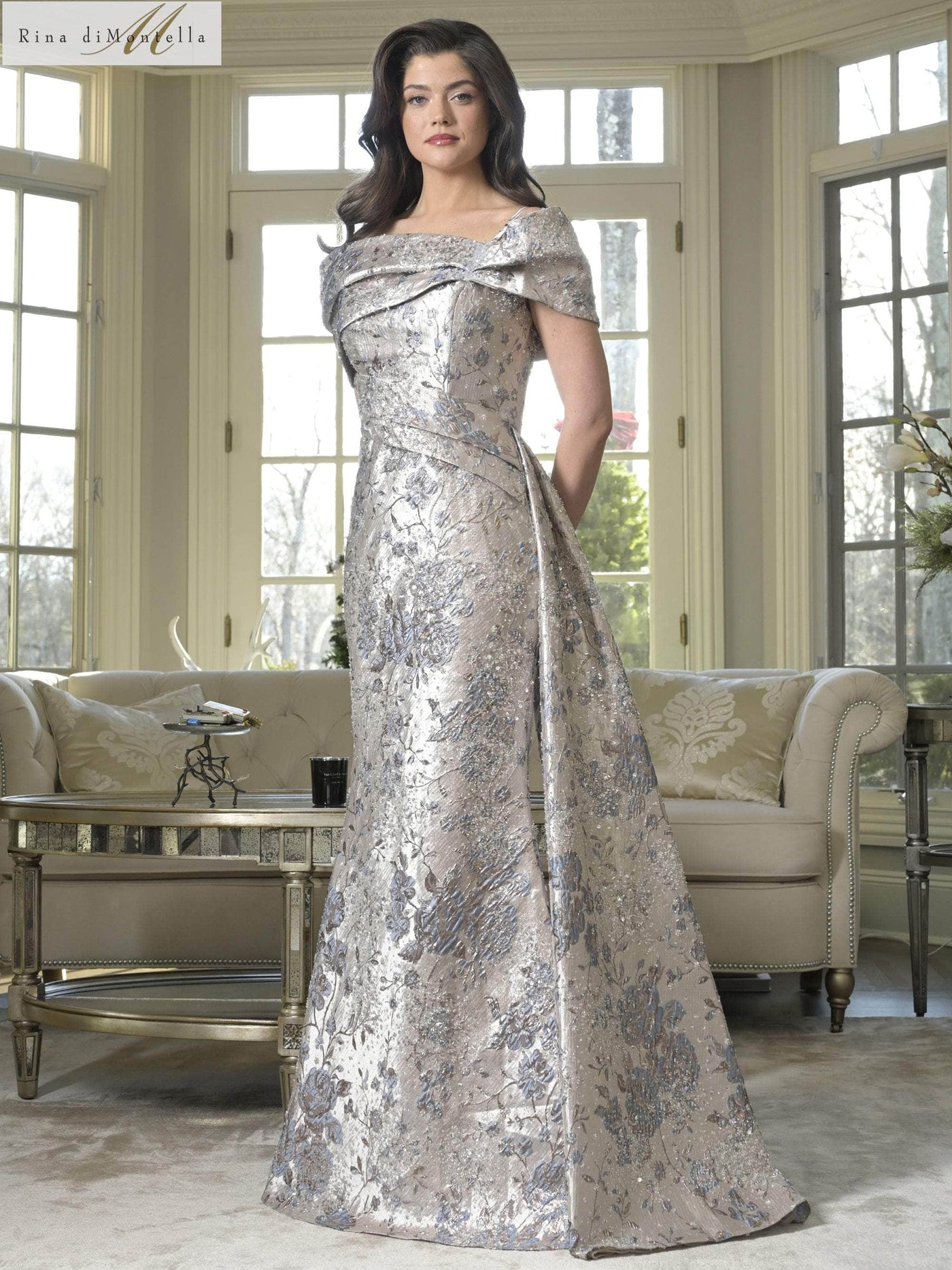 Rina Di Montella RD3306 - Floral Sheath Gown with Side Draped Mother of the Bride Dresses