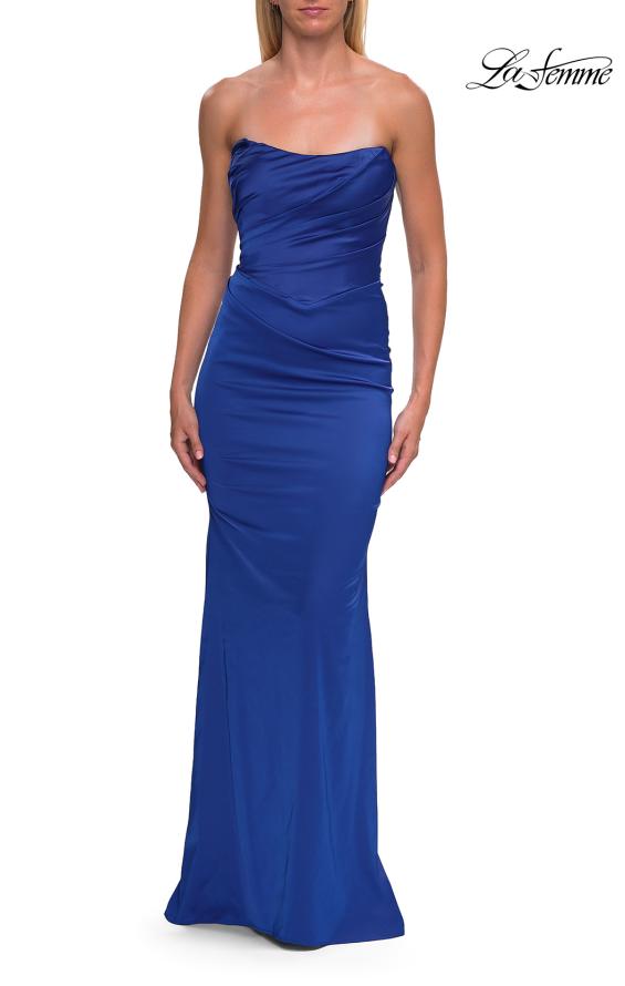 La Femme 33670 - Ruched Satin Long Gown with Straight Neckline Prom Dresses