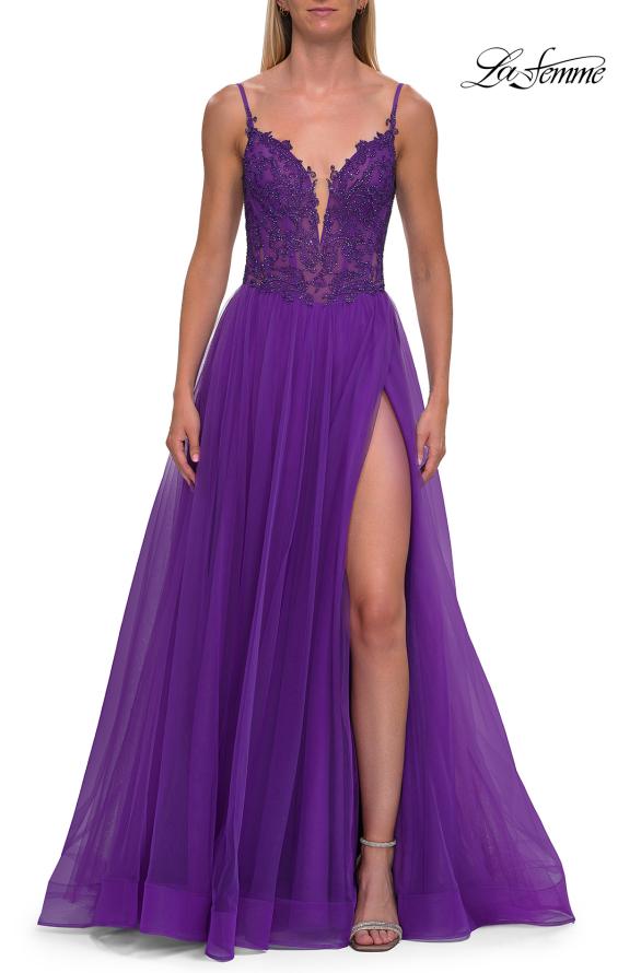 La Femme 33674 - Scoop Back Applique A-Line Gown Prom Dresses