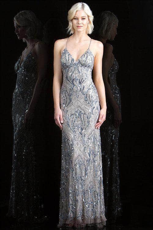 SCALA 48710 - Deep V-Neck Backless Evening Dress Evening Dresses 00 / Platinum