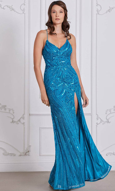 SCALA 80108 - V-Neck Shimmer Evening Dress Prom Dresses 000 /  Iris