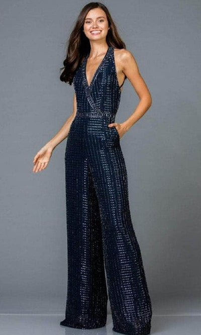 SCALA - V-Neck Lattice Jumpsuit 48941 - 1 pc Midnight Blue In Size 2 Available CCSALE 2 / Midnight Blue