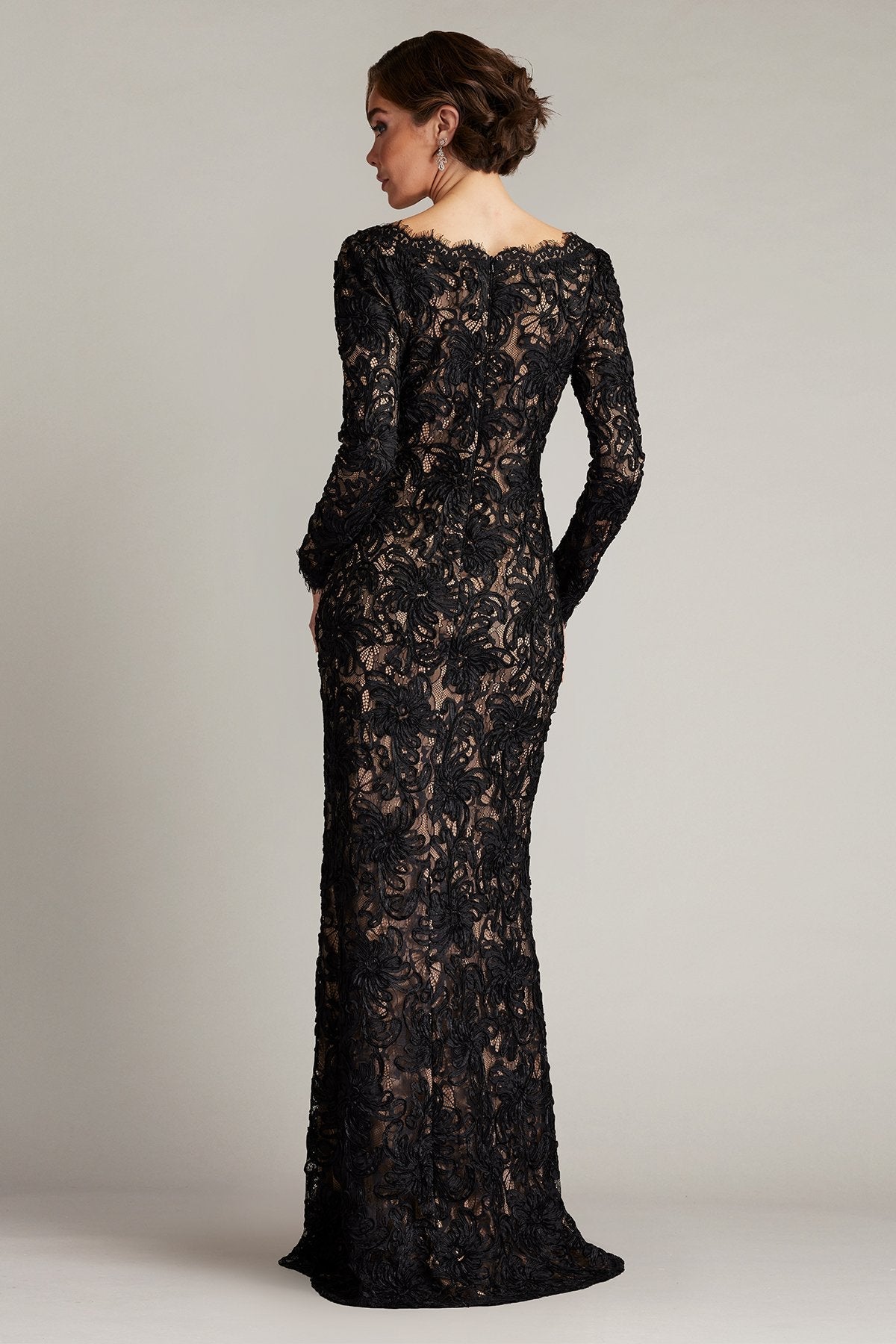 Tadashi Shoji SCGE24533L - Beloit Ribbon Embroidered Long Sleeve Gown In Black and Neutral