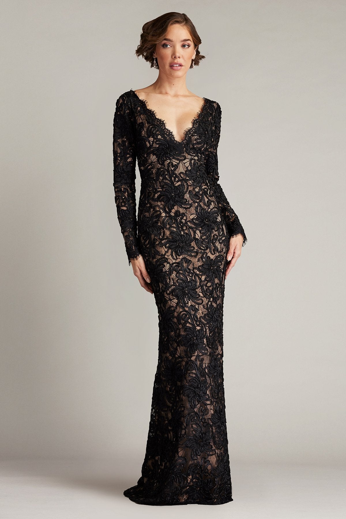 Tadashi Shoji SCGE24533L - Beloit Ribbon Embroidered Long Sleeve Gown In Black and Neutral