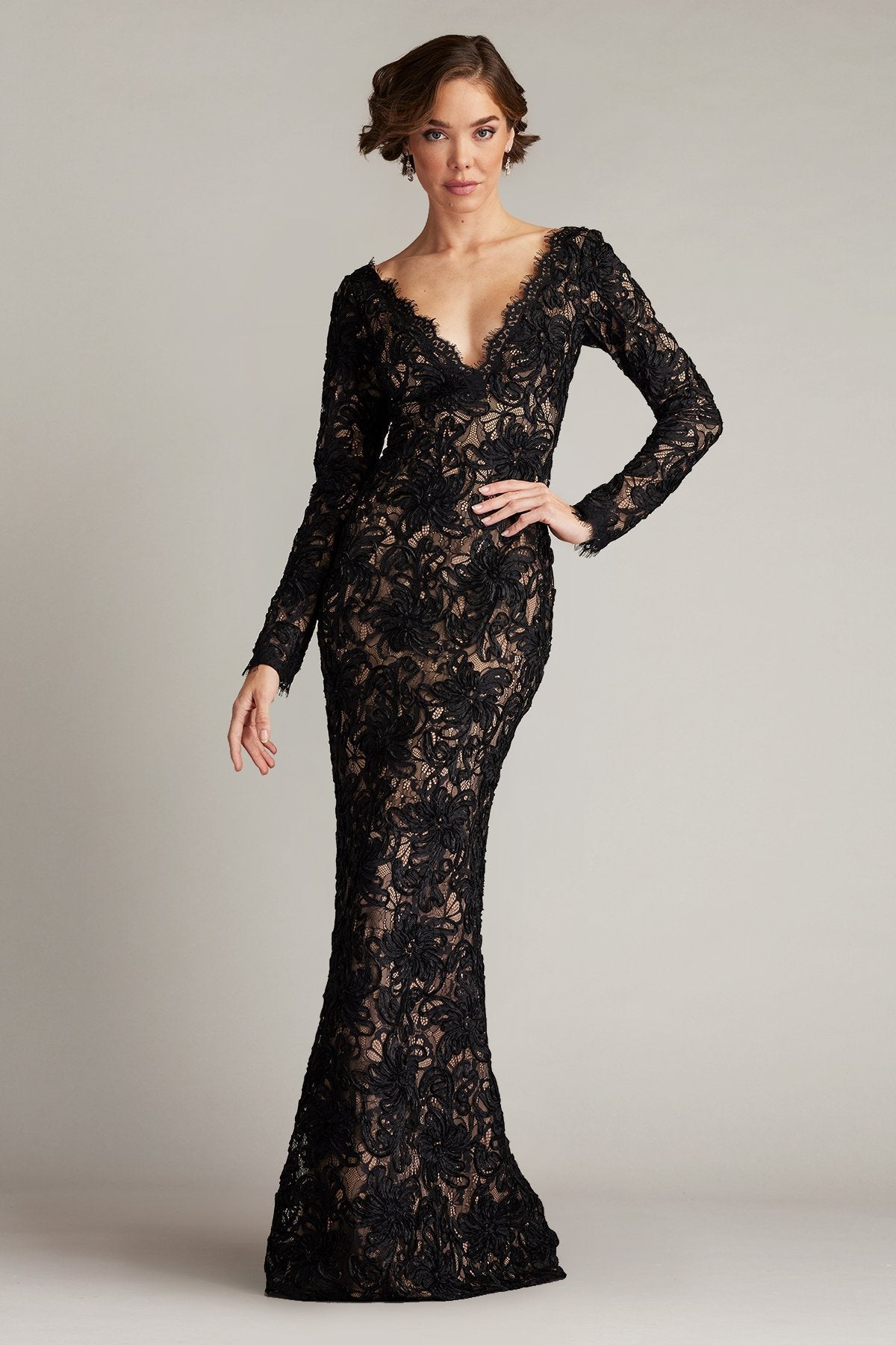Tadashi Shoji SCGE24533L - Beloit Ribbon Embroidered Long Sleeve Gown In Black and Neutral