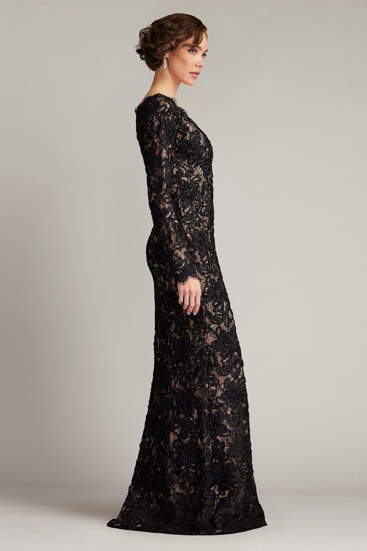 Tadashi Shoji SCGE24533L - Beloit Ribbon Embroidered Long Sleeve Gown In Black and Neutral