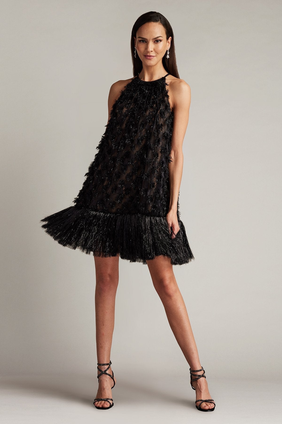 Tadashi Shoji SCGW24600S - Halter Prima Sequin Tulle Mini Dress In Black