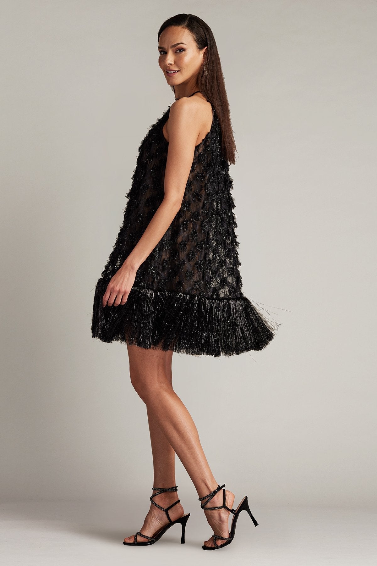 Tadashi Shoji SCGW24600S - Halter Prima Sequin Tulle Mini Dress In Black