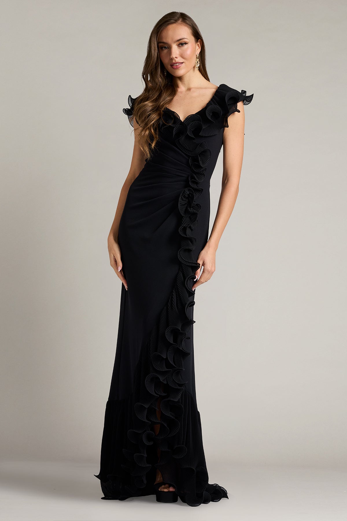 Tadashi Shoji BOS25702L - Leandra Cascading Ruffle V-Neck Long Gown Mother Of The Bride Dresses in Black  