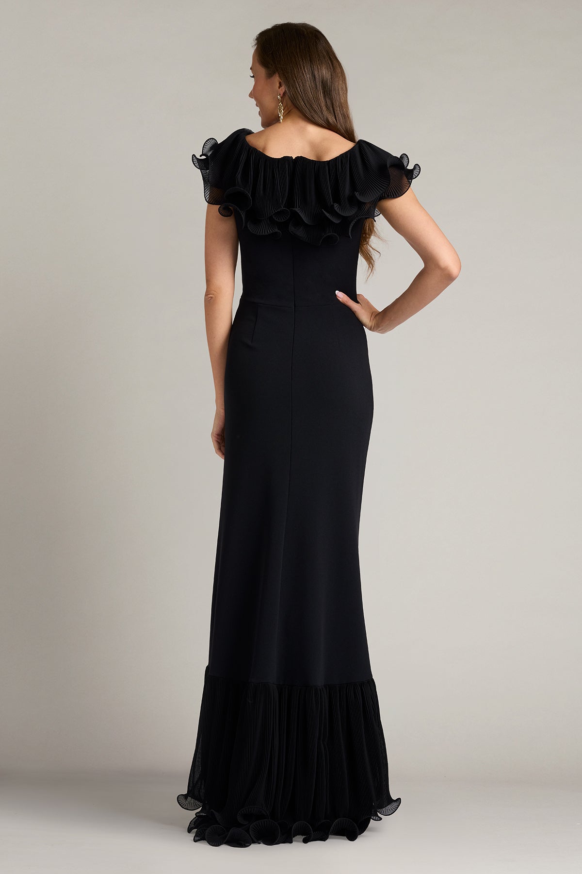 Tadashi Shoji BOS25702L - Leandra Cascading Ruffle V-Neck Long Gown Mother Of The Bride Dresses in Black  