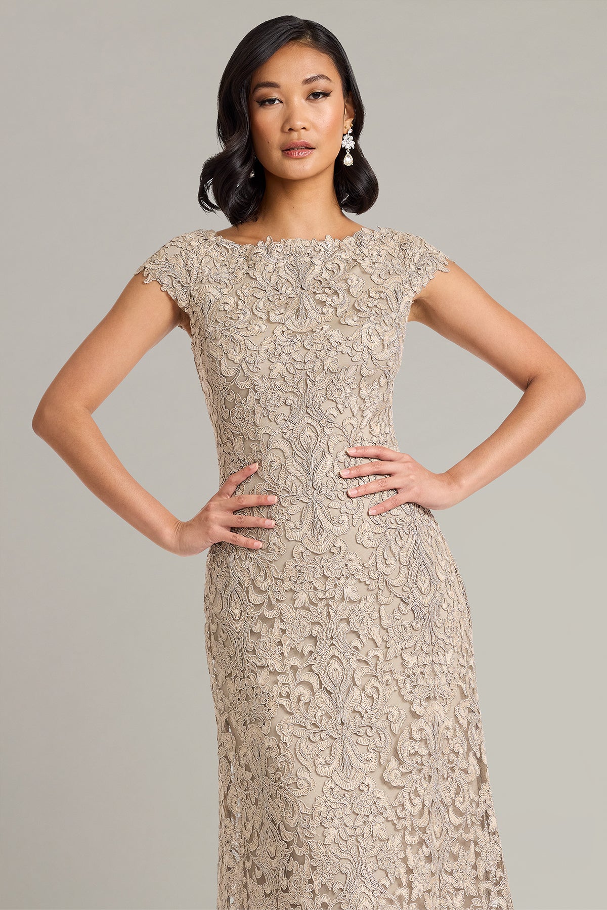 Tadashi Shoji CKC90602L - Hoyt Lotus Embroidered Tulle Long Gown Mother Of The Bride Dresses in Gray  