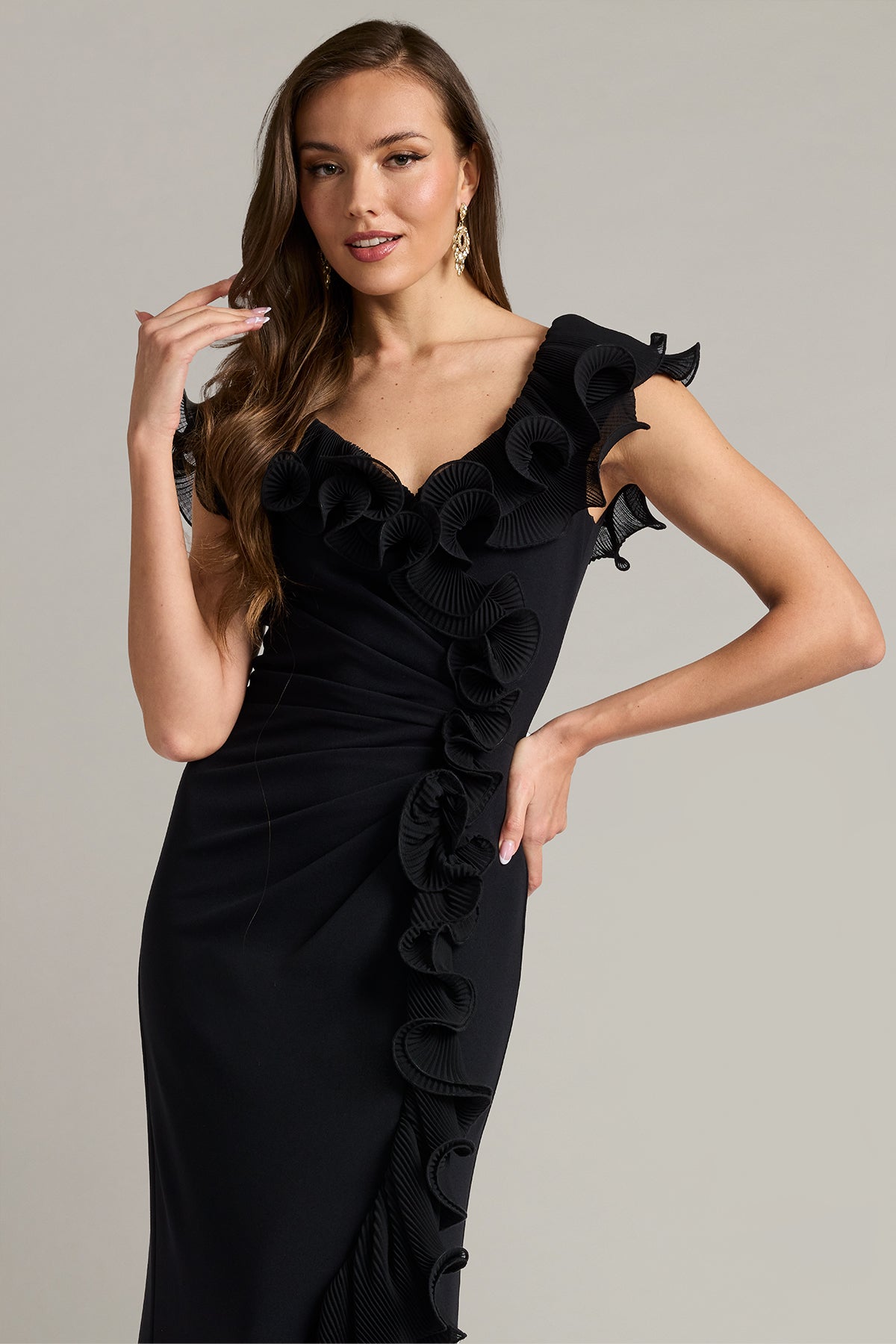 Tadashi Shoji BOS25702L - Leandra Cascading Ruffle V-Neck Long Gown Mother Of The Bride Dresses in Black  