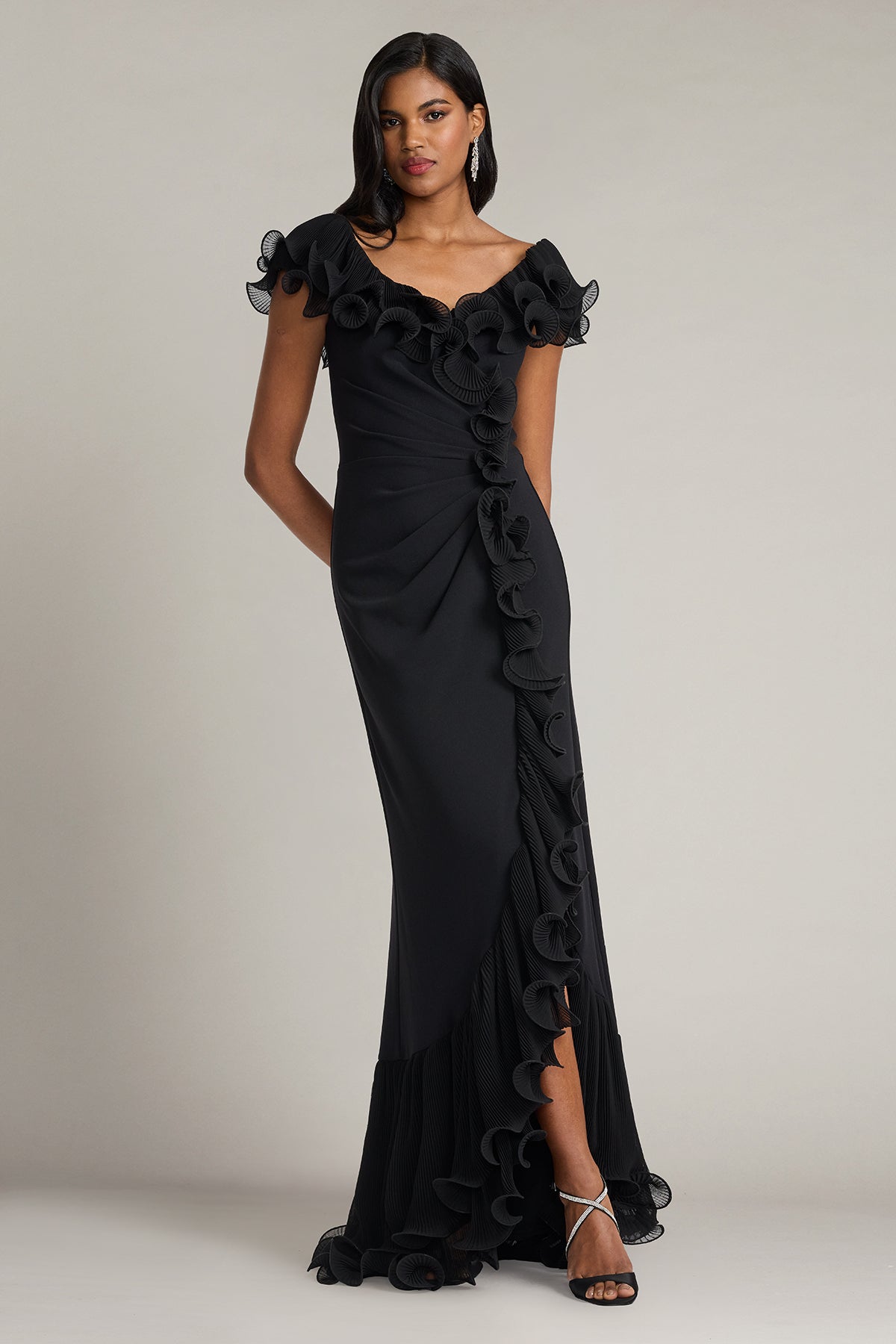 Tadashi Shoji BOS25702L - Leandra Cascading Ruffle V-Neck Long Gown Mother Of The Bride Dresses in Black  
