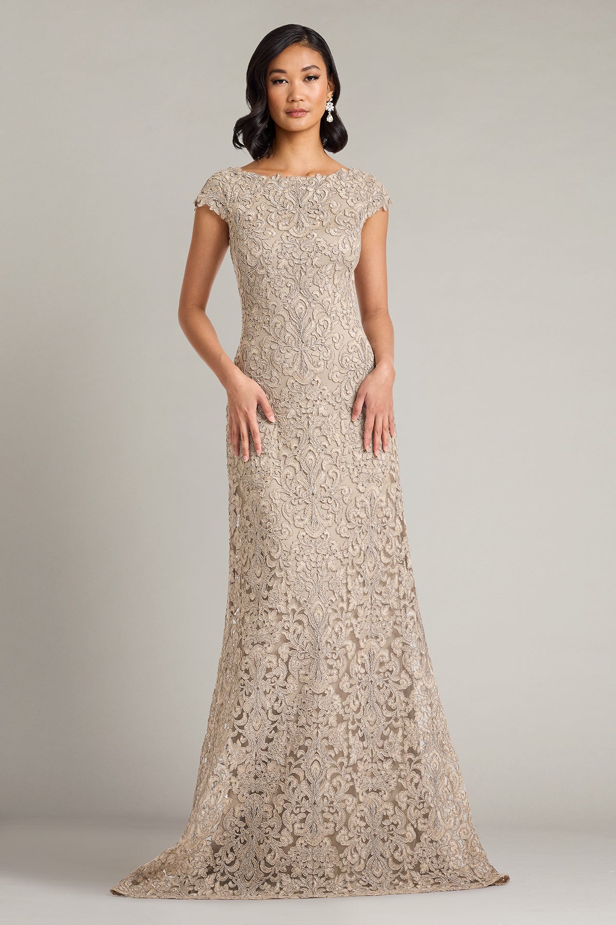 Tadashi Shoji CKC90602L - Hoyt Lotus Embroidered Tulle Long Gown Mother Of The Bride Dresses in Gray  
