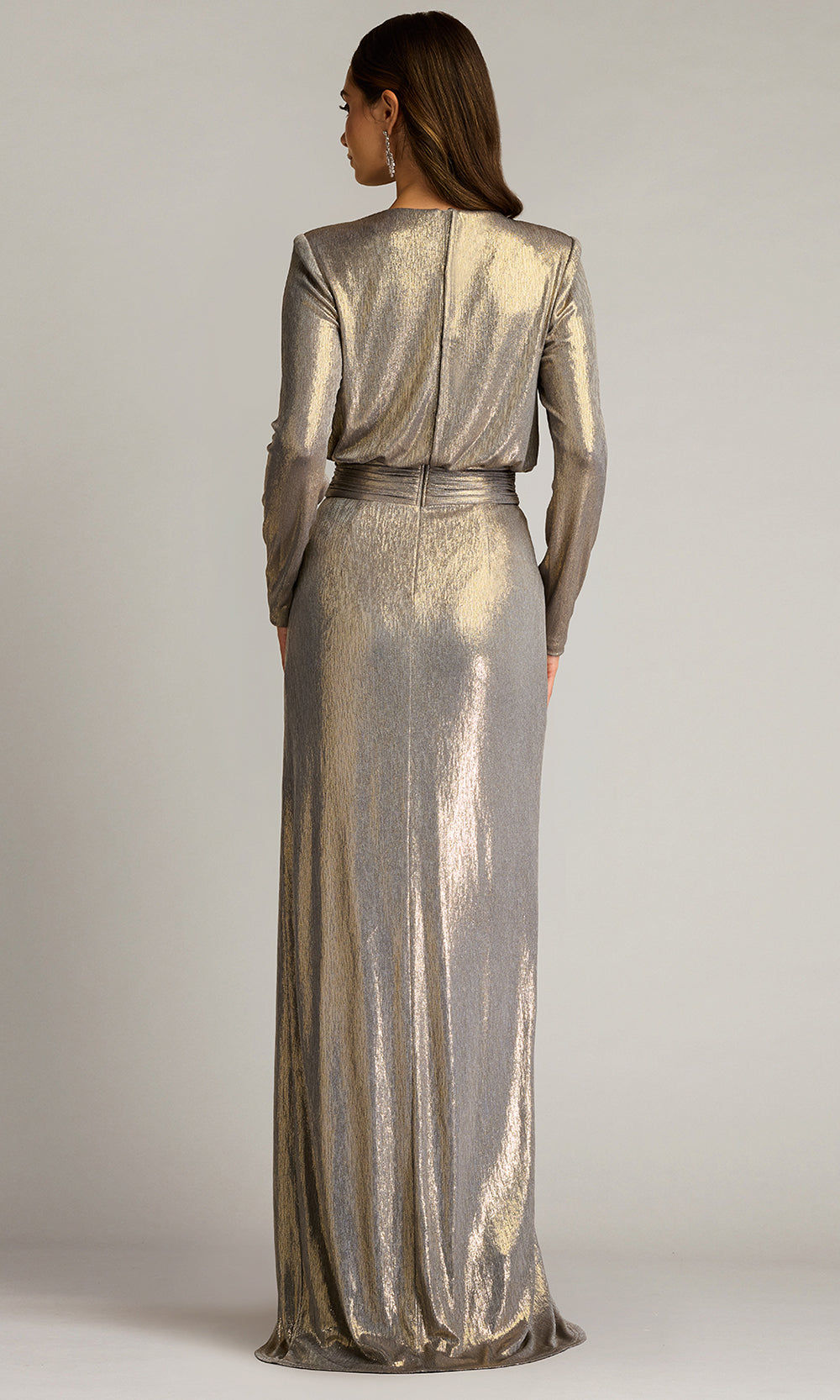 Tadashi Shoji BSJ25106L - Pomona Metallic Waterfall Flounce V-Neckline Gown Mother of the Bride Dresses in Gray  