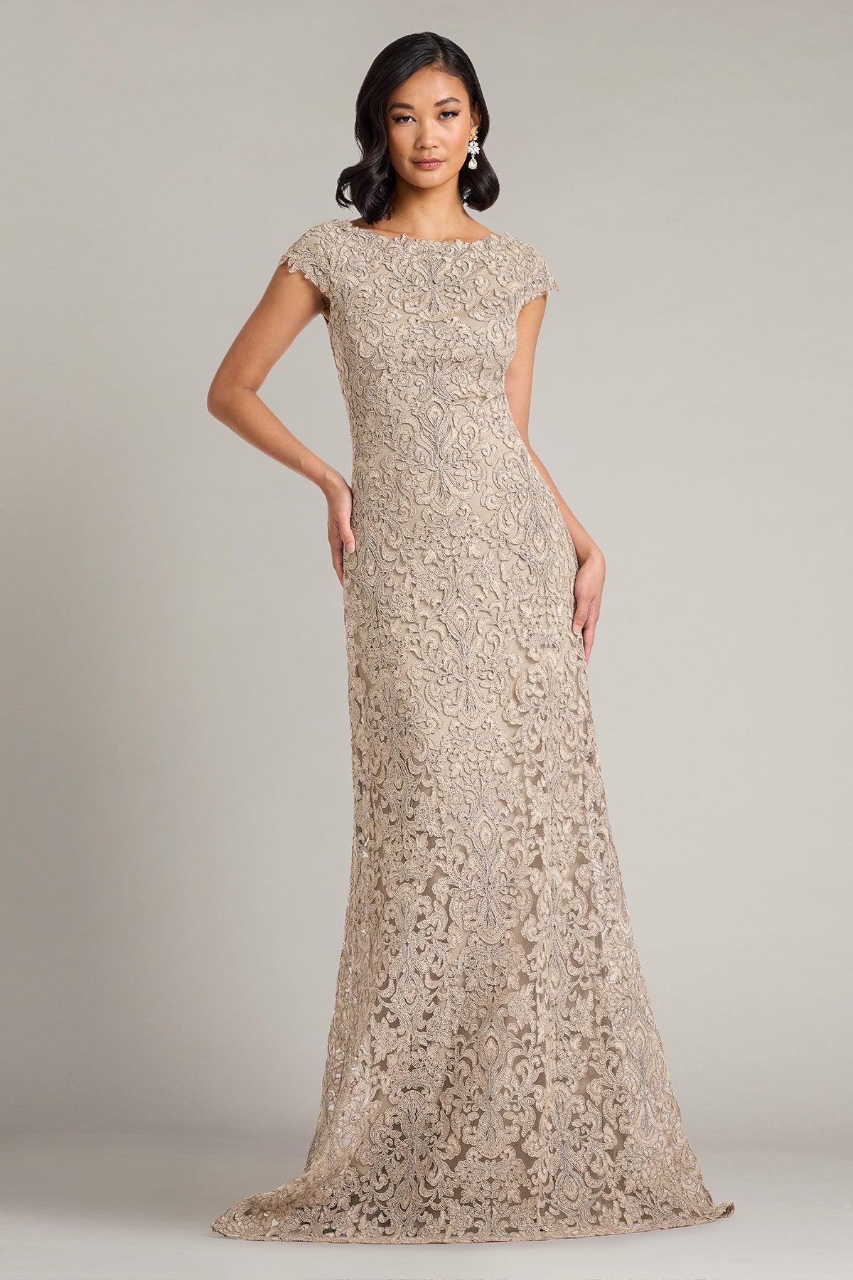 Tadashi Shoji CKC90602L - Hoyt Lotus Embroidered Tulle Long Gown Mother Of The Bride Dresses in Gray  