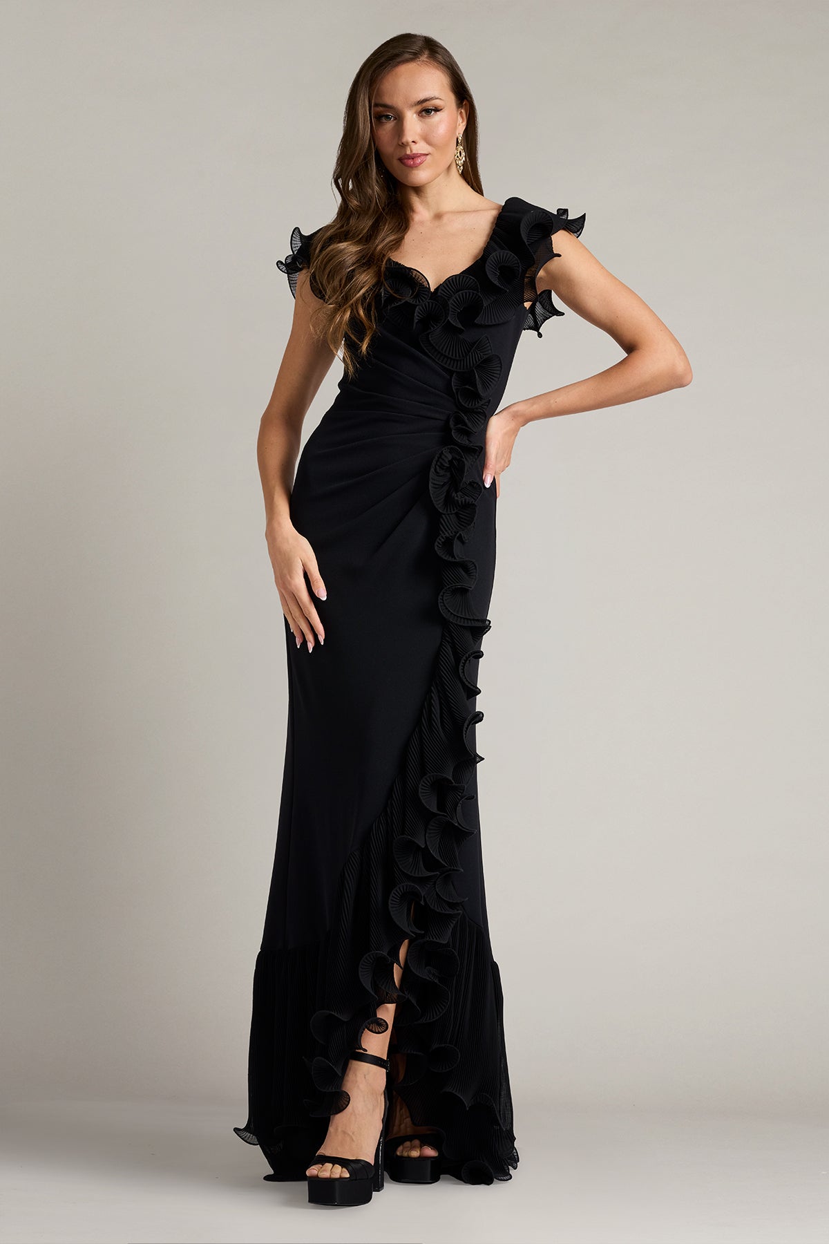 Tadashi Shoji BOS25702L - Leandra Cascading Ruffle V-Neck Long Gown Mother Of The Bride Dresses in Black  
