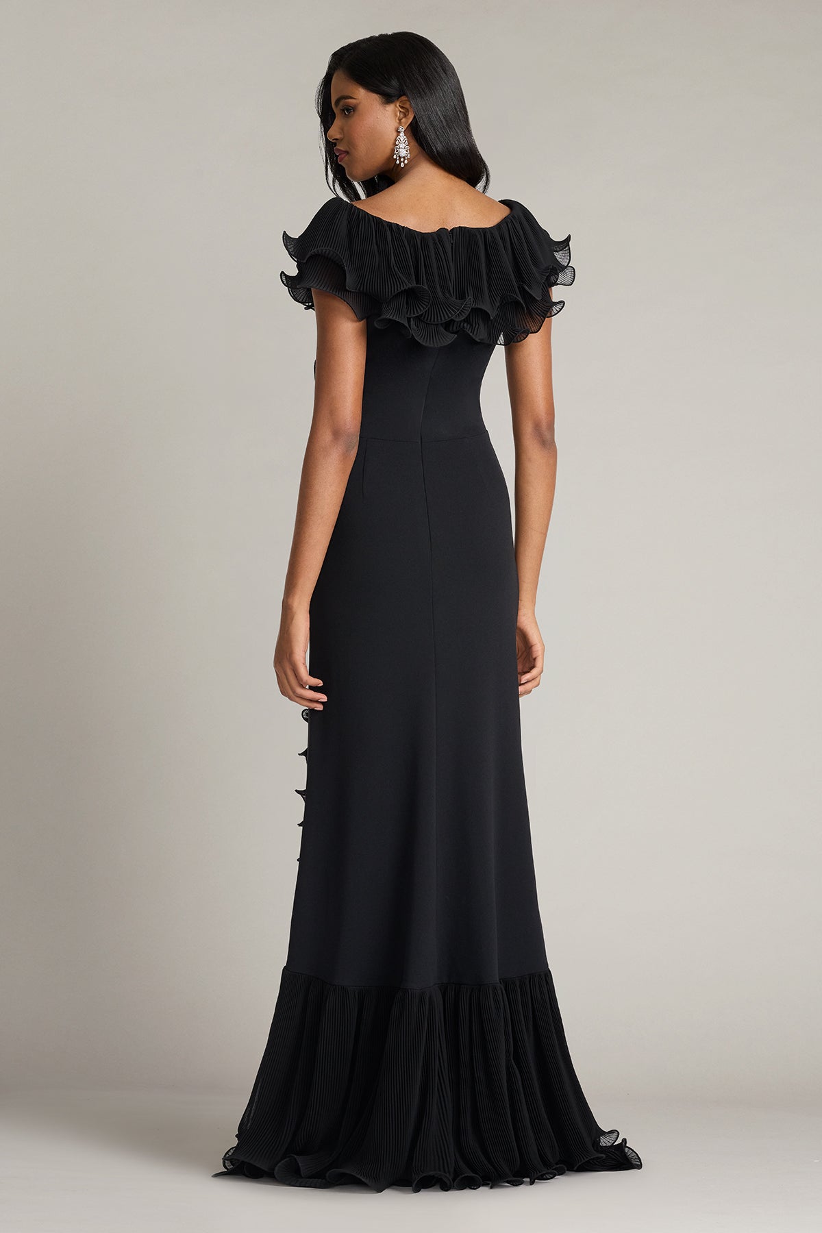 Tadashi Shoji BOS25702L - Leandra Cascading Ruffle V-Neck Long Gown Mother Of The Bride Dresses in Black  
