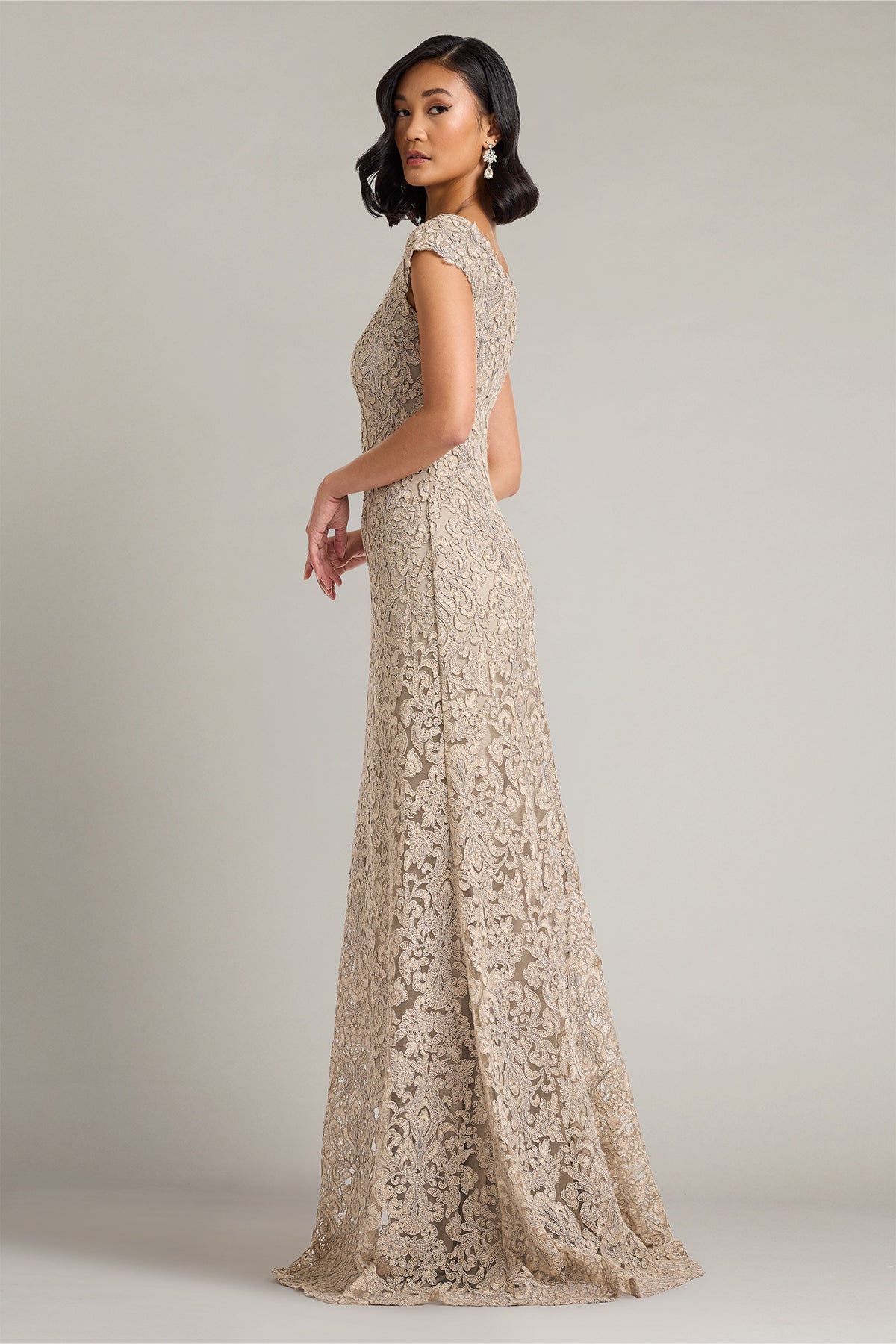 Tadashi Shoji CKC90602L - Hoyt Lotus Embroidered Tulle Long Gown Mother Of The Bride Dresses in Gray  