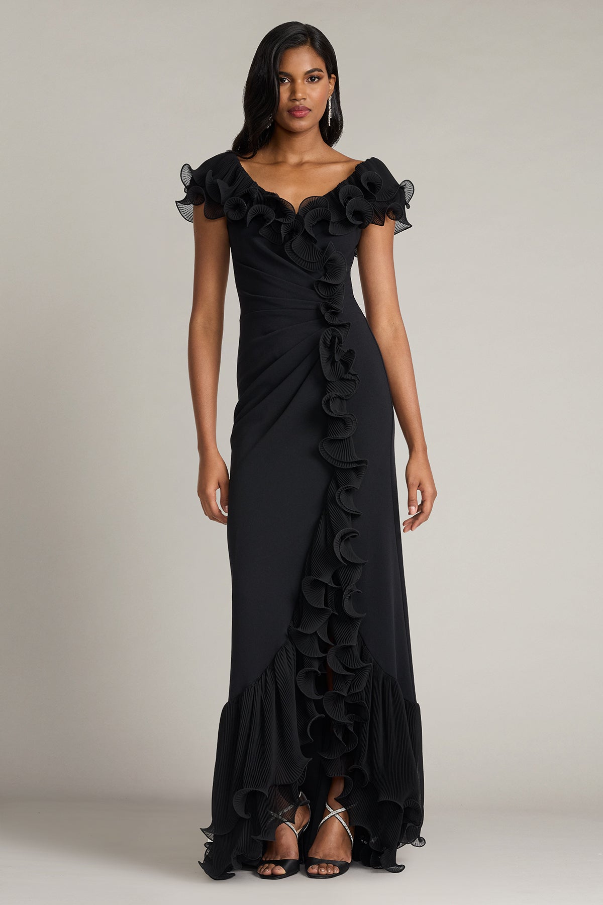 Tadashi Shoji BOS25702L - Leandra Cascading Ruffle V-Neck Long Gown Mother Of The Bride Dresses in Black  