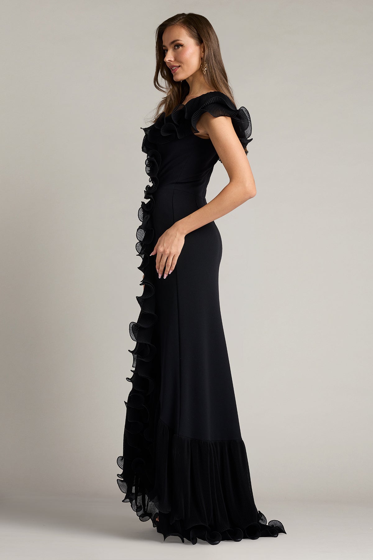 Tadashi Shoji BOS25702L - Leandra Cascading Ruffle V-Neck Long Gown Mother Of The Bride Dresses in Black  