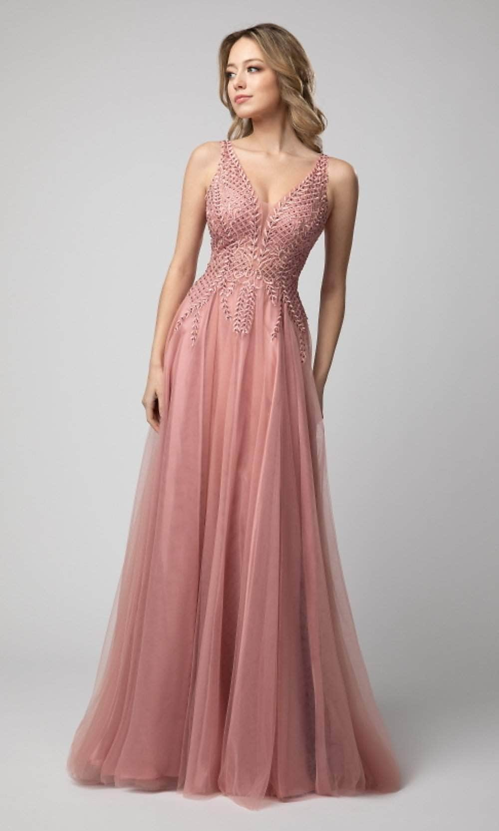 Shail K 933 - Sleeveless Foliage Appliqued Prom Gown Special Occasion Dress L / Dusty Rose