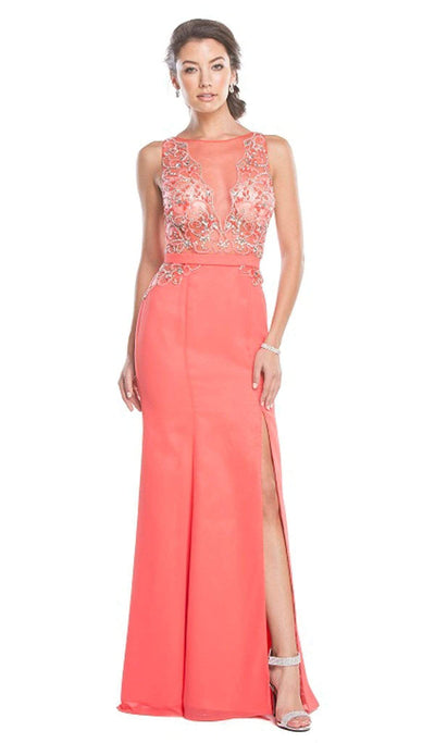 Sheer Embellished Trumpet Evening Dress Dress XXS / Coral